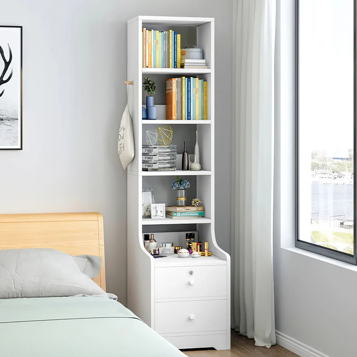Thin Bookshelves with Lockable Drawer