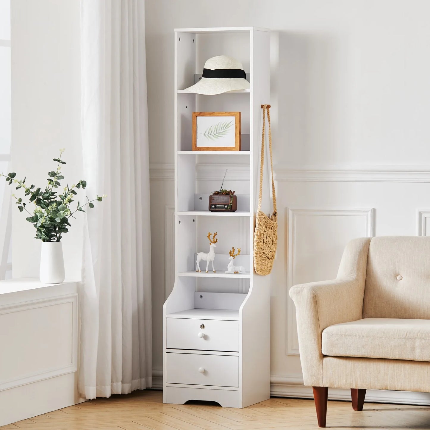 Thin Bookshelves with Lockable Drawer