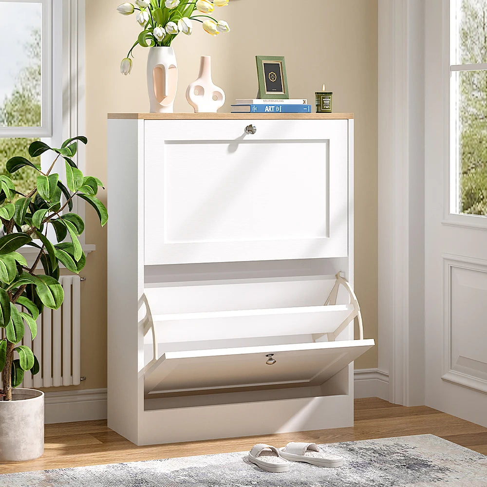 Wooden 2 Drawer Flip Down Shoe Cabinet