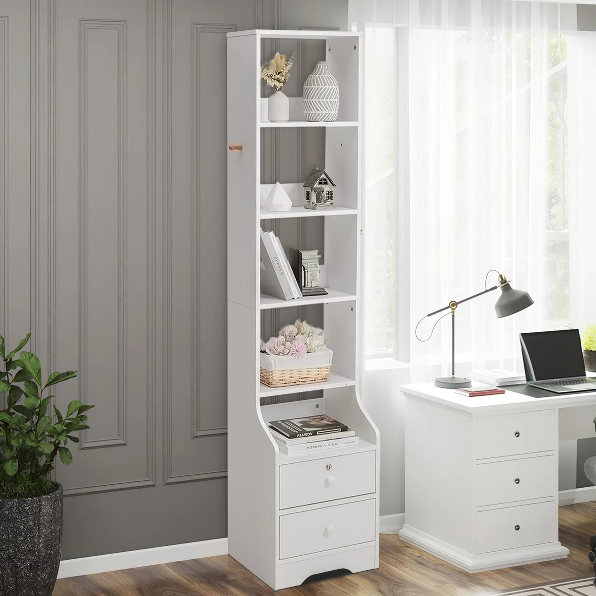 Thin Bookshelves with Lockable Drawer
