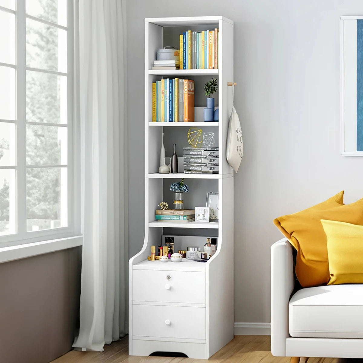 Thin Bookshelves with Lockable Drawer