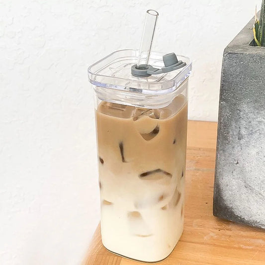 Square Heat Resistant Coffee Glass With Lid And Straw