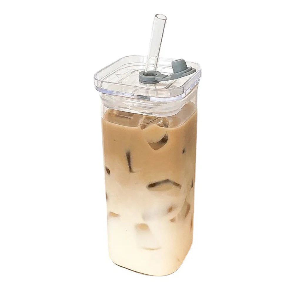 Square Heat Resistant Coffee Glass With Lid And Straw
