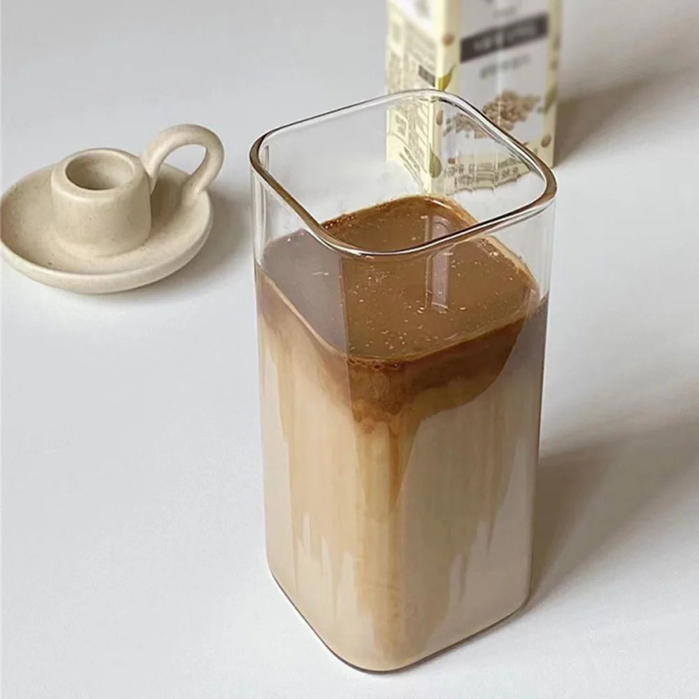 Square Heat Resistant Coffee Glass With Lid And Straw