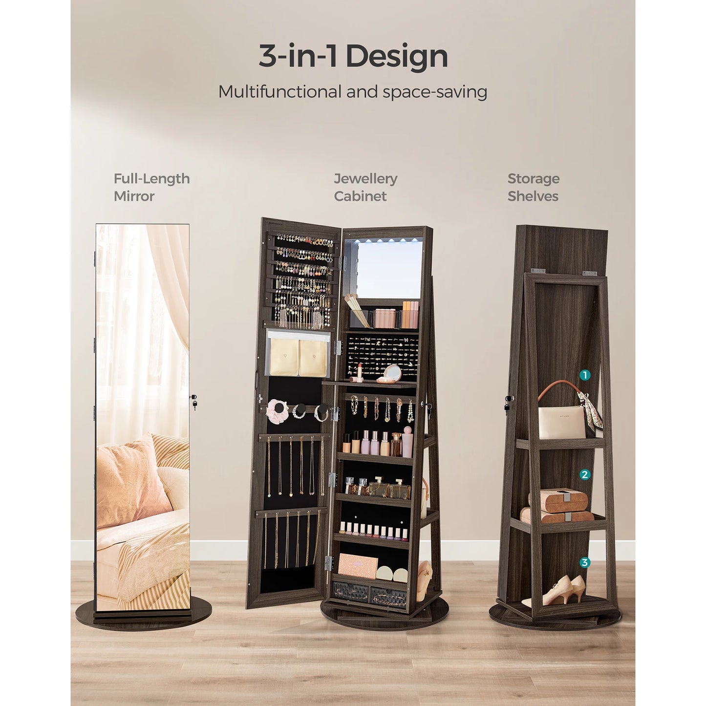 LED 360 Mirror Jewellery Storage Organiser