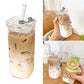 Square Heat Resistant Coffee Glass With Lid And Straw