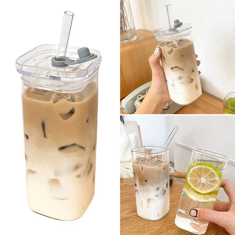 Square Heat Resistant Coffee Glass With Lid And Straw