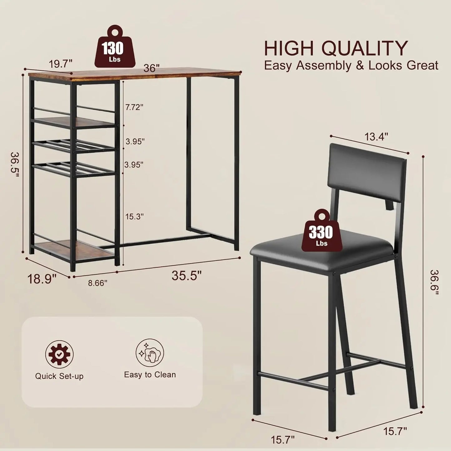 2-Person Counter Height Dining Set with Storage Shelves