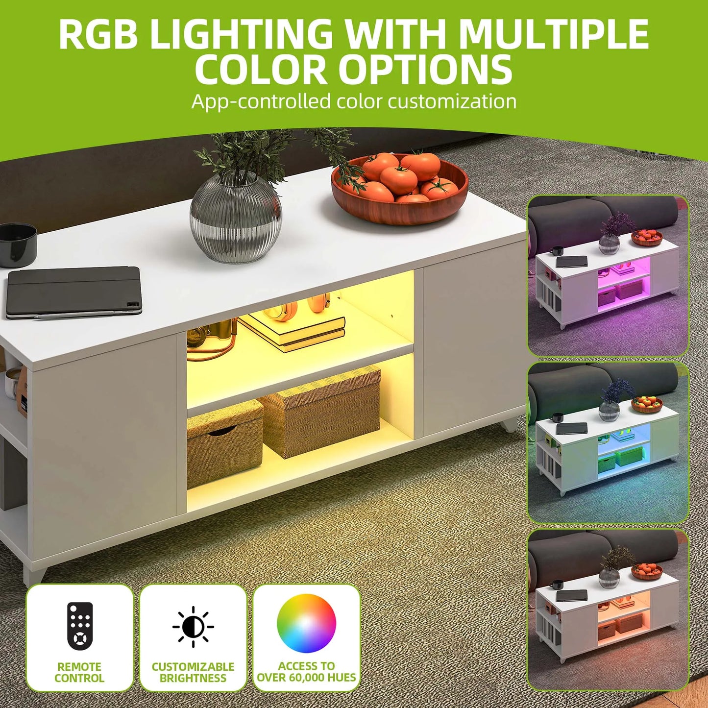 White Coffee Table - LED Lights & Shelf