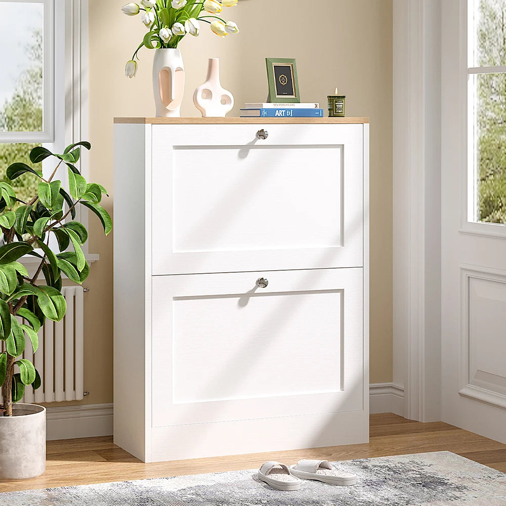 Wooden 2 Drawer Flip Down Shoe Cabinet