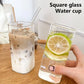 Square Heat Resistant Coffee Glass With Lid And Straw