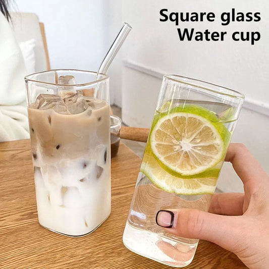 Square Heat Resistant Coffee Glass With Lid And Straw