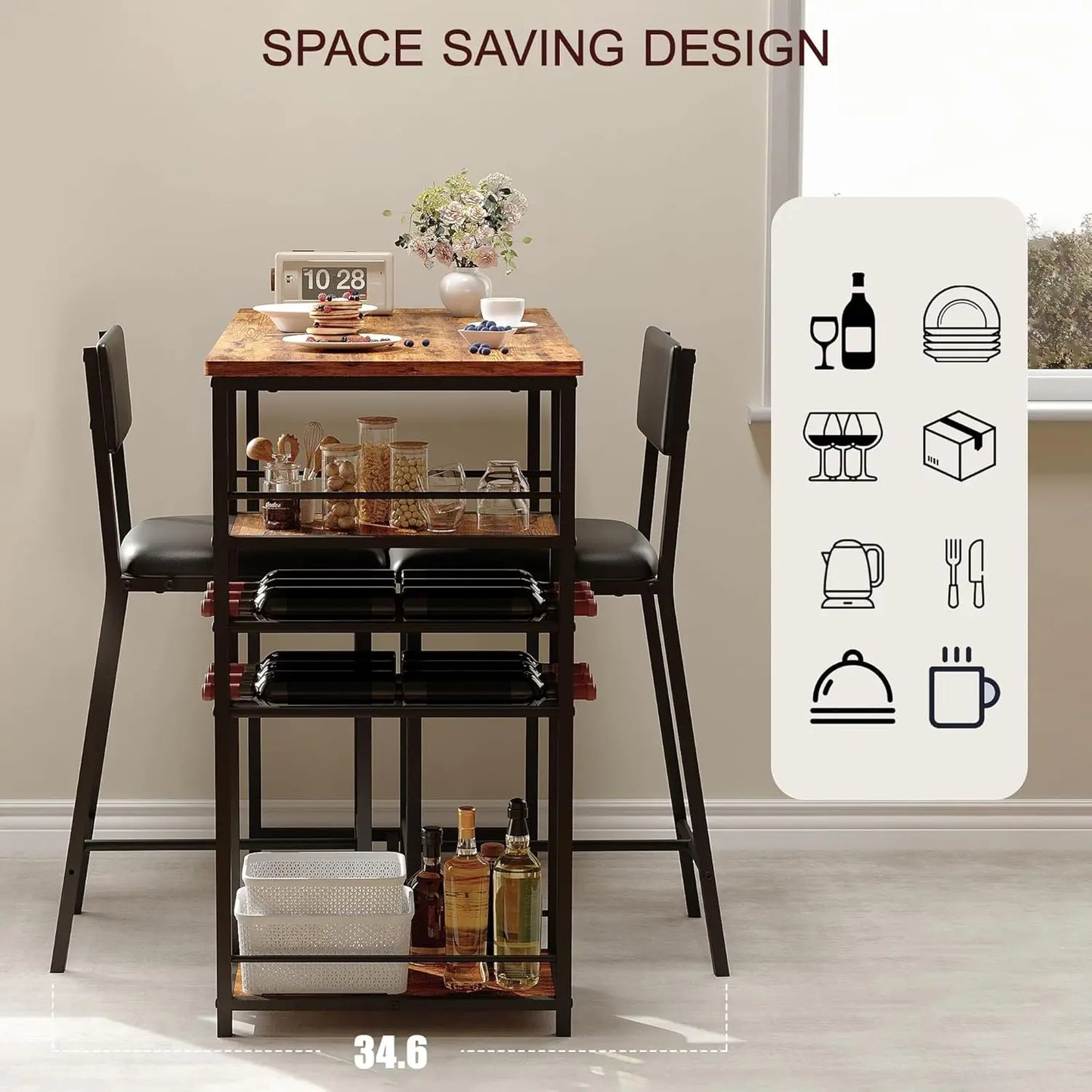 2-Person Counter Height Dining Set with Storage Shelves