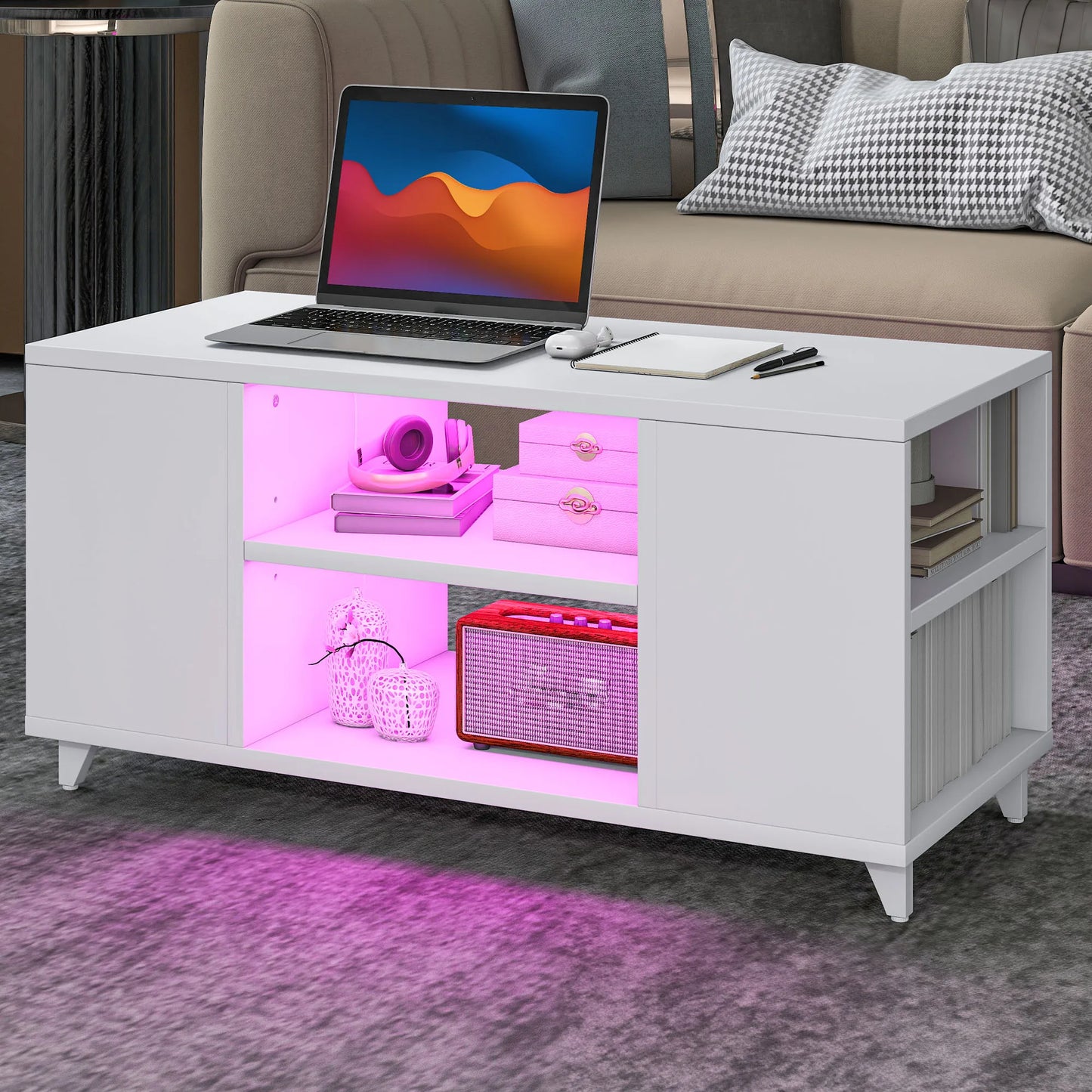 White Coffee Table - LED Lights & Shelf