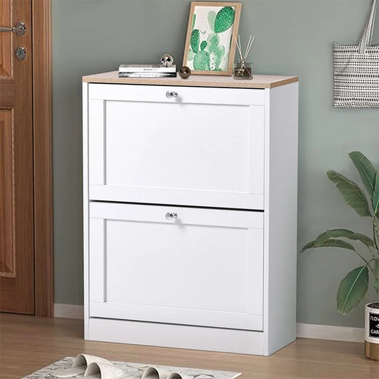 Wooden 2 Drawer Flip Down Shoe Cabinet